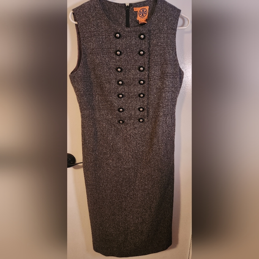 Designer Tory Burch Elegant Gray Military Style Sleeveless Dress Size 10